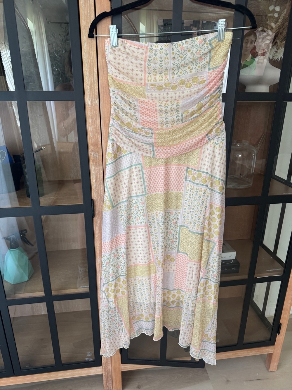 See You Monday patchwork dress midi fairy ruched stretchy pastel boho strapless